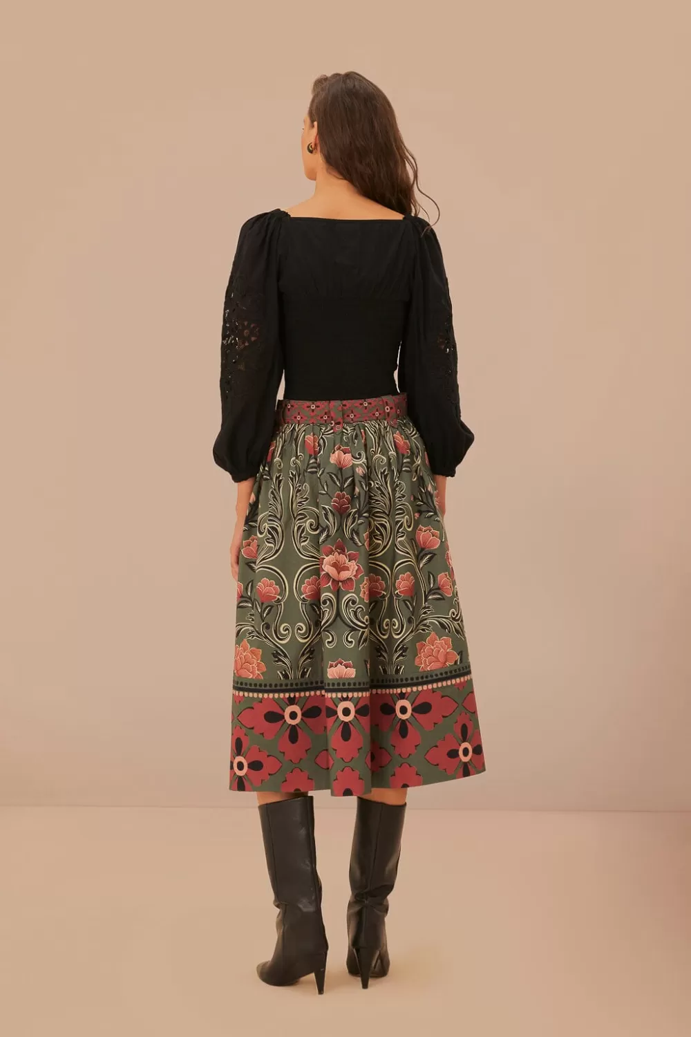 Arabesque Floral Green Buttons Midi Skirt | FARM Rio Clearance