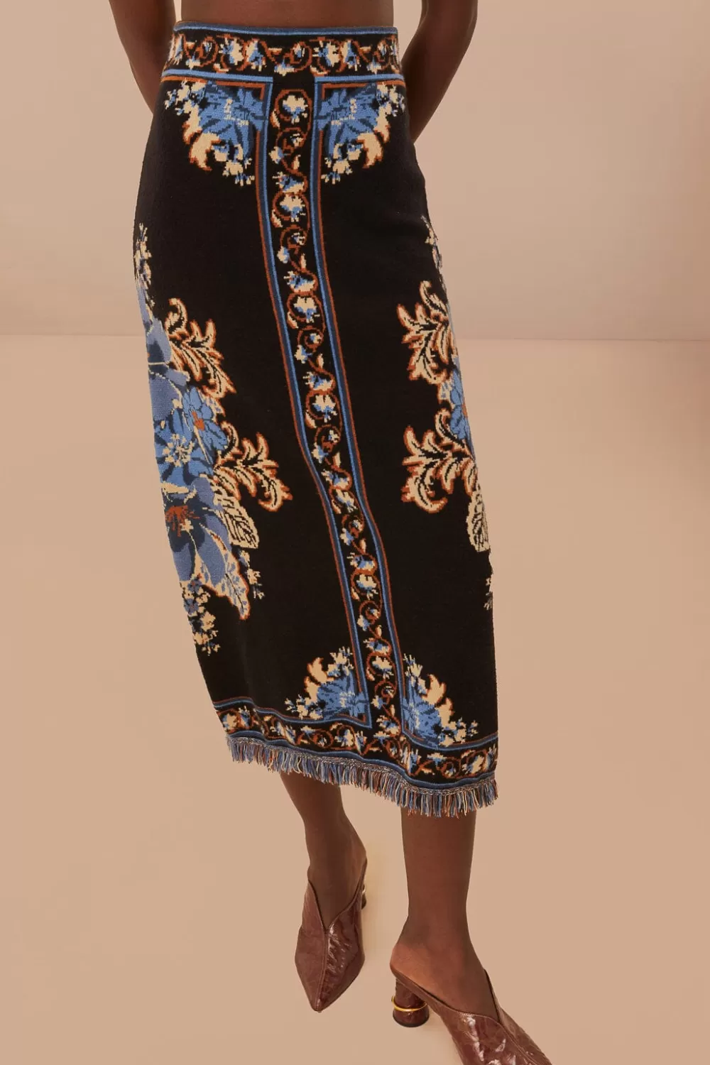 Black Blossom Tapestry Knit Skirt | FARM Rio Flash Sale