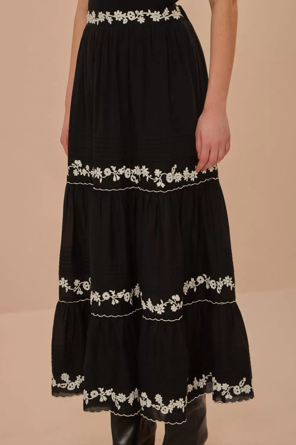 Black Embroidered Ruffle Maxi Skirt | FARM Rio Store