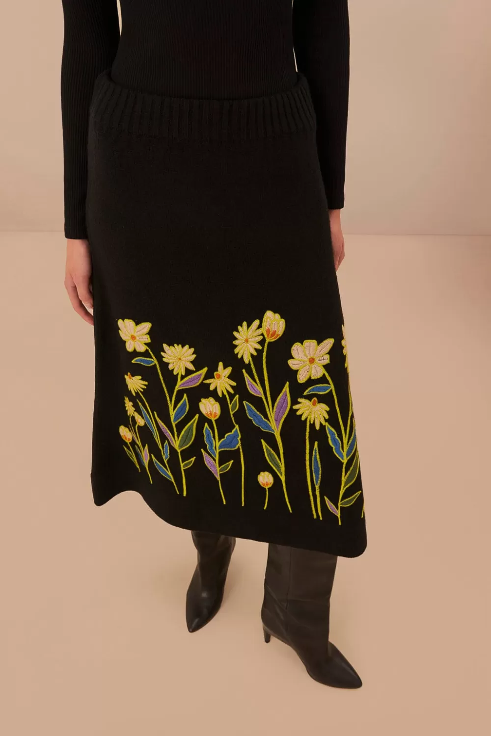 Black Flowers Embroidered Knit Skirt | FARM Rio Best