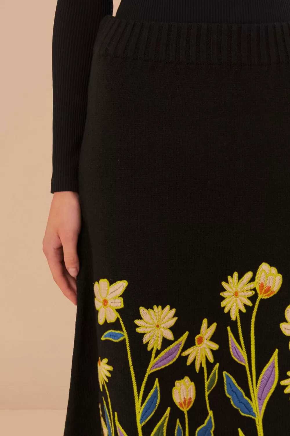 Black Flowers Embroidered Knit Skirt | FARM Rio Best