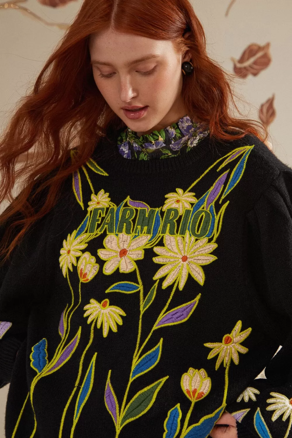 Black Flowers Embroidered Knit Sweater | FARM Rio Fashion