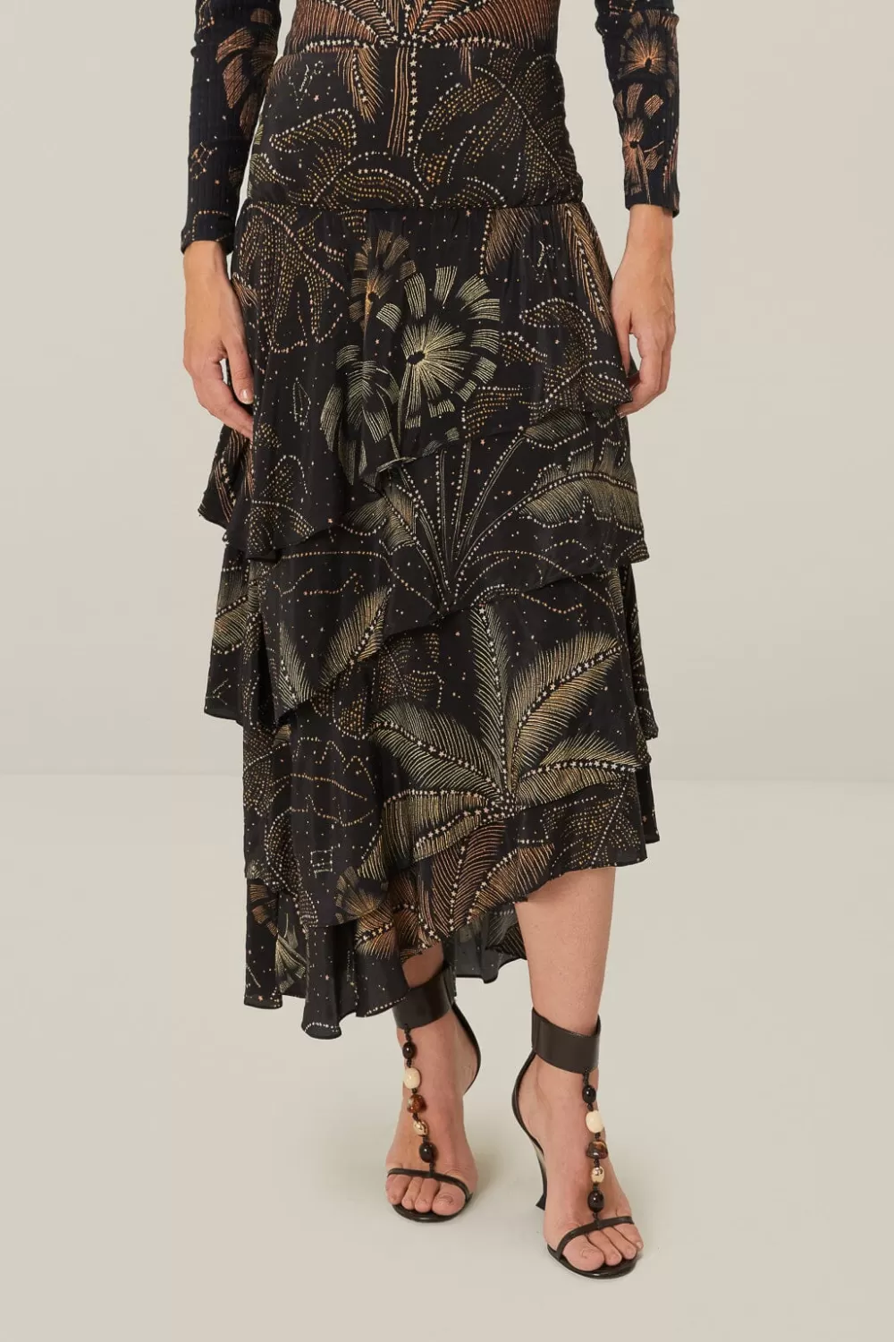 Black Golden Foliage Ruffled Skirt | FARM Rio Flash Sale