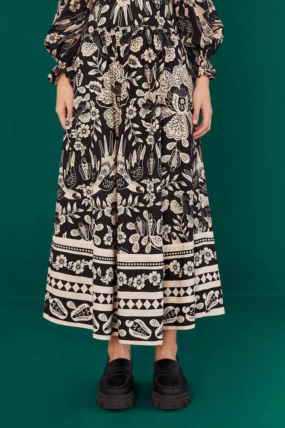 Black Graphic Floral Organic Cotton Midi Skirt | FARM Rio Clearance