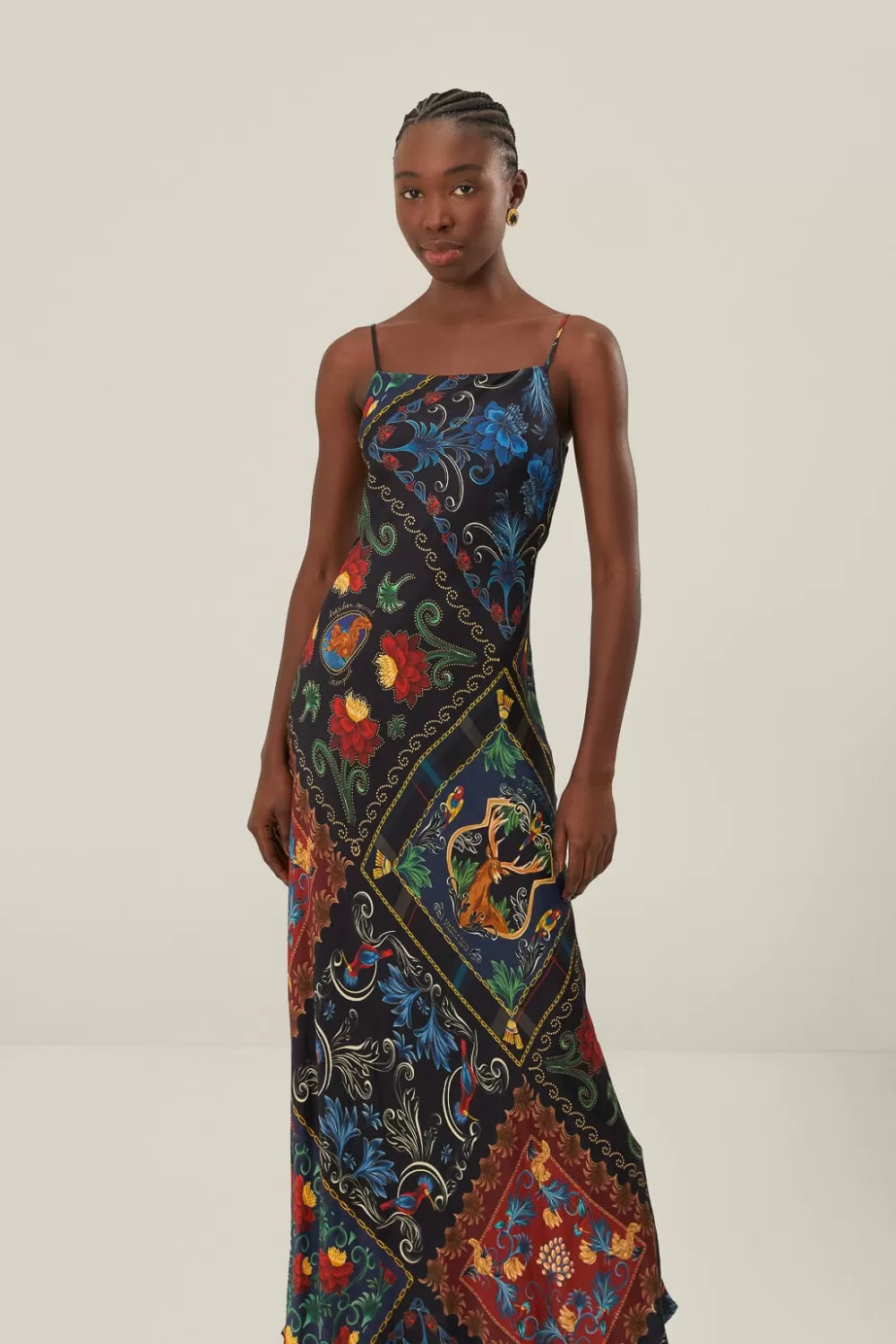 Black Mixed Arabesque Scarves Sleeveless LENZING™ ECOVERO™ Maxi Dress | FARM Rio Online