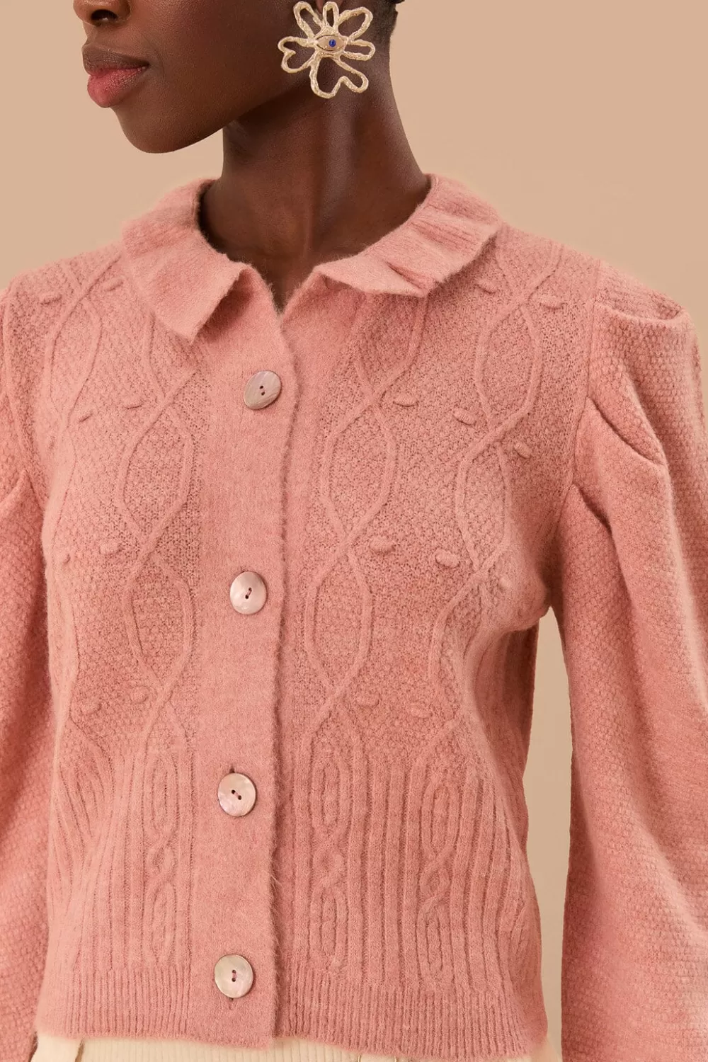 Light Pink Ruffle Knit Cardigan | FARM Rio Fashion