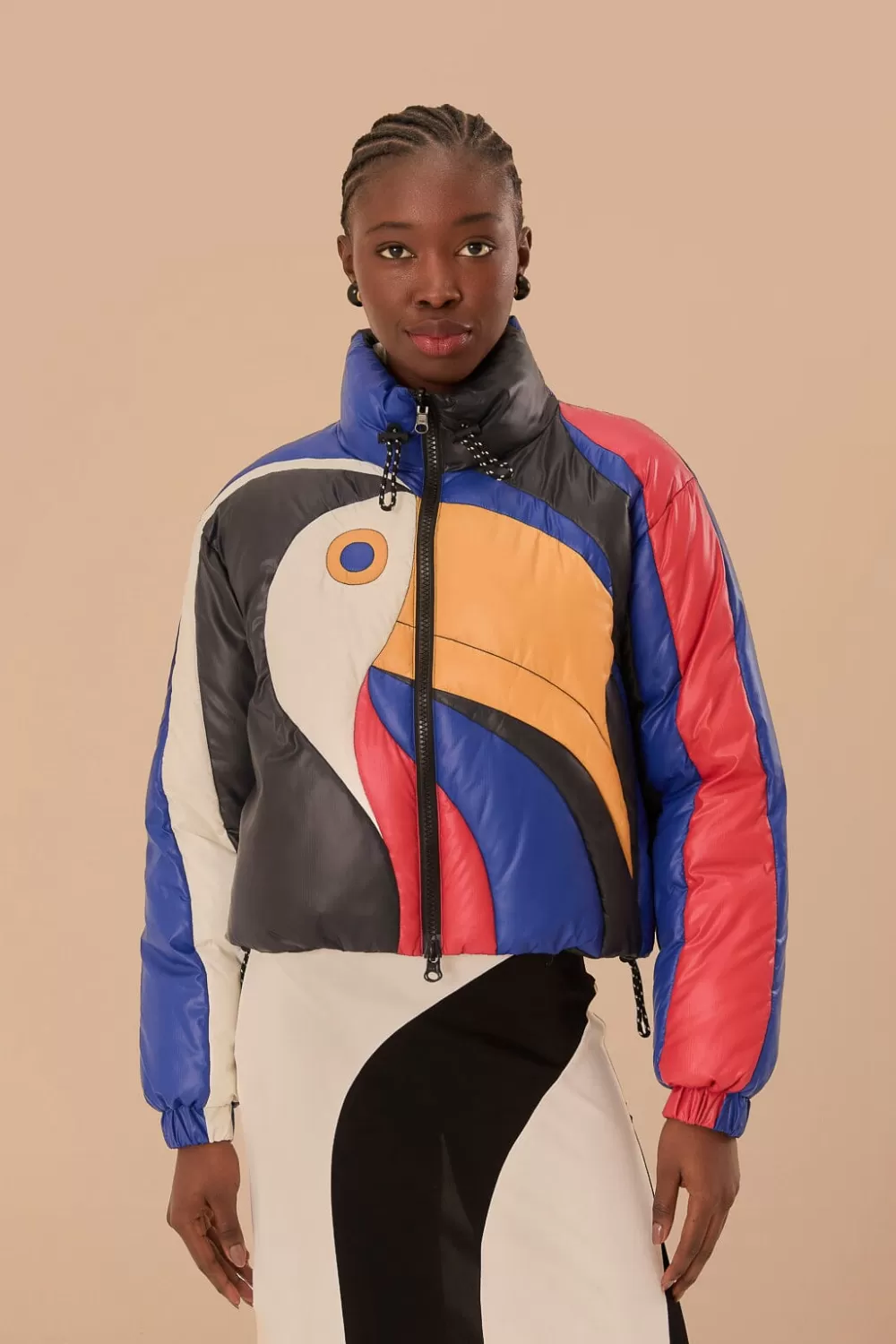 Multicolor Amanda Stripes Toucan Reversible Puffer Jacket | FARM Rio Online
