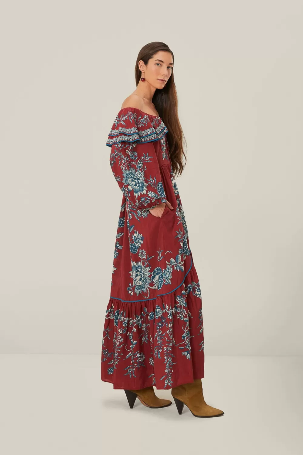 Red Tropical Landing Off Shoulder Maxi Dress | FARM Rio Store