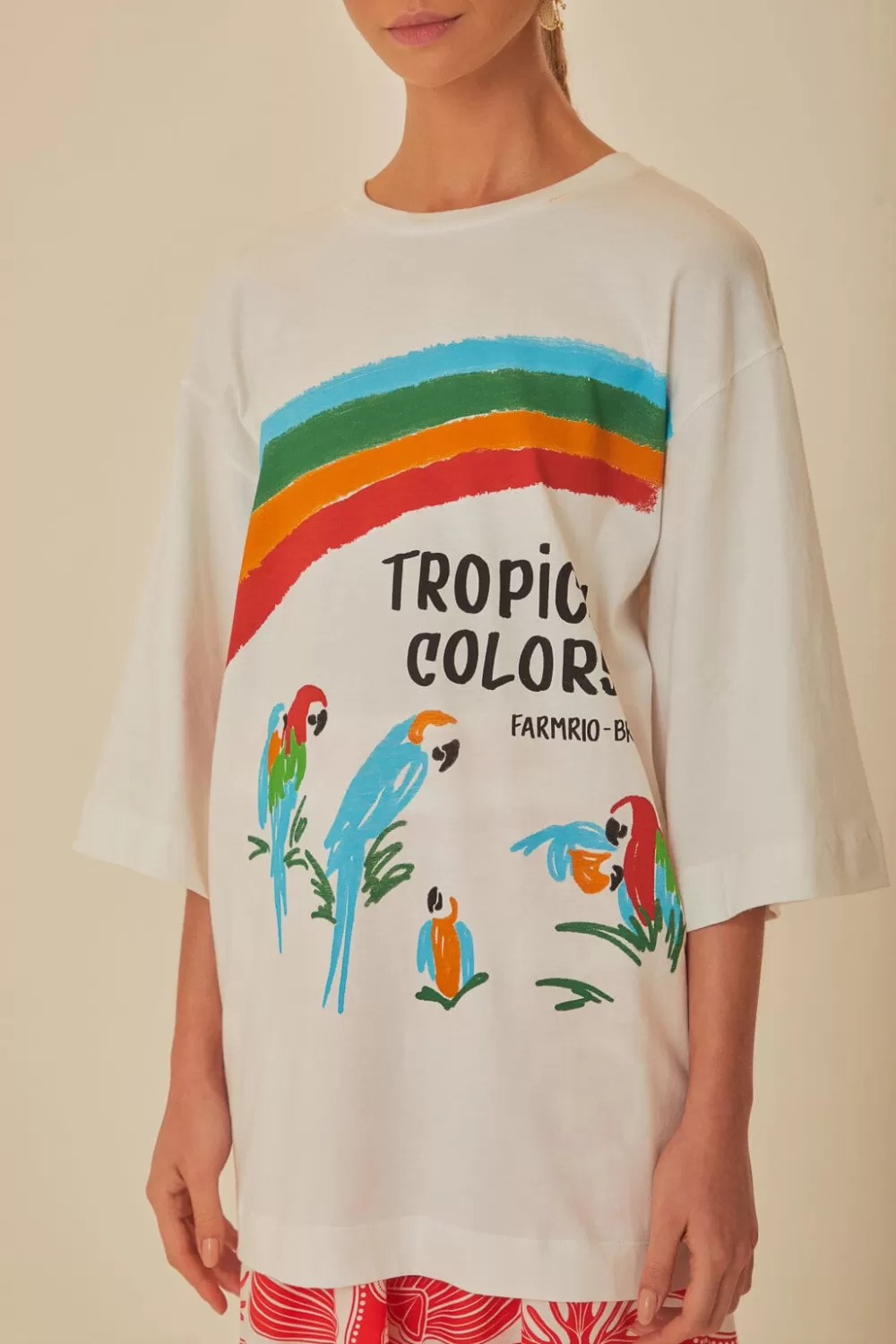 White Tropical Colors Organic Cotton Oversized T-Shirt | FARM Rio Fashion